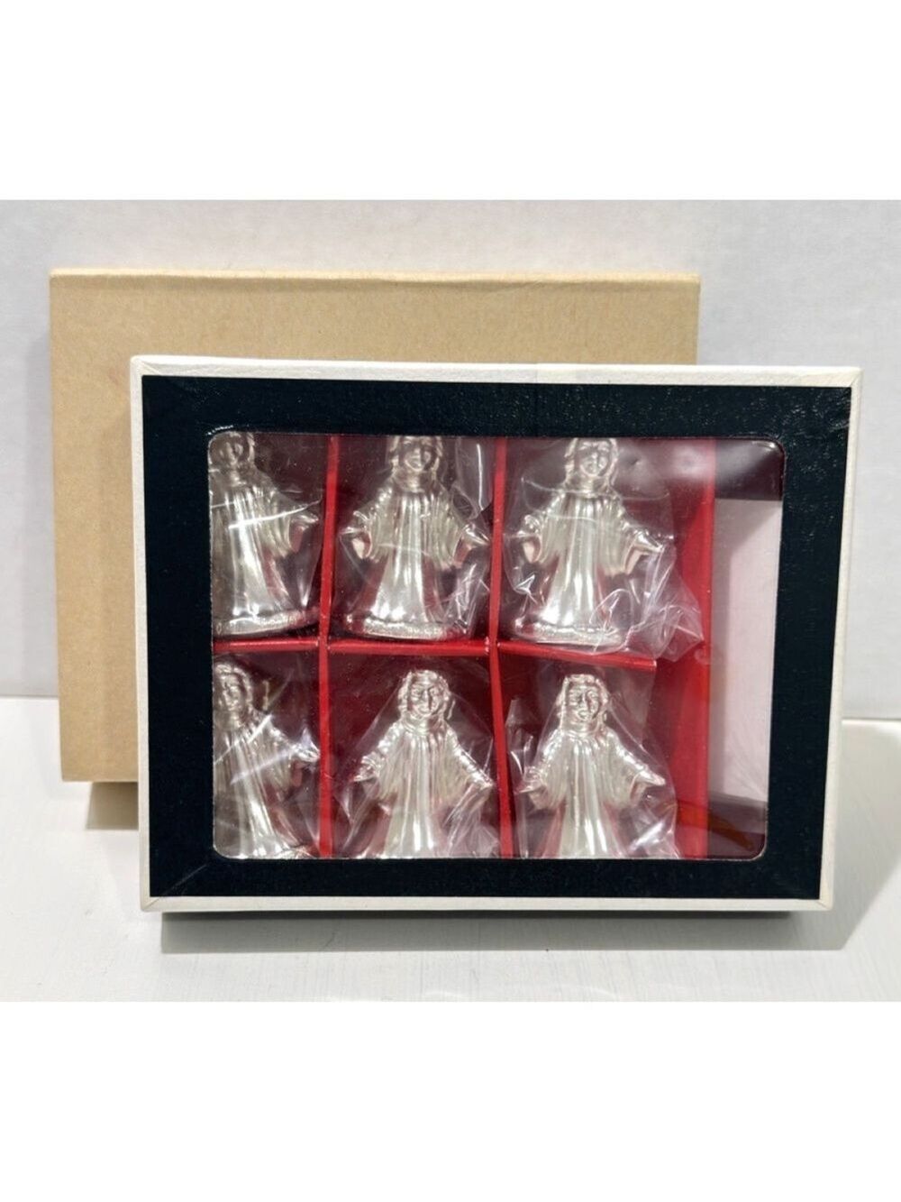 Vintage Set of 6 Metal Angel Place Card Holders Silvertone Gold Wings Japan